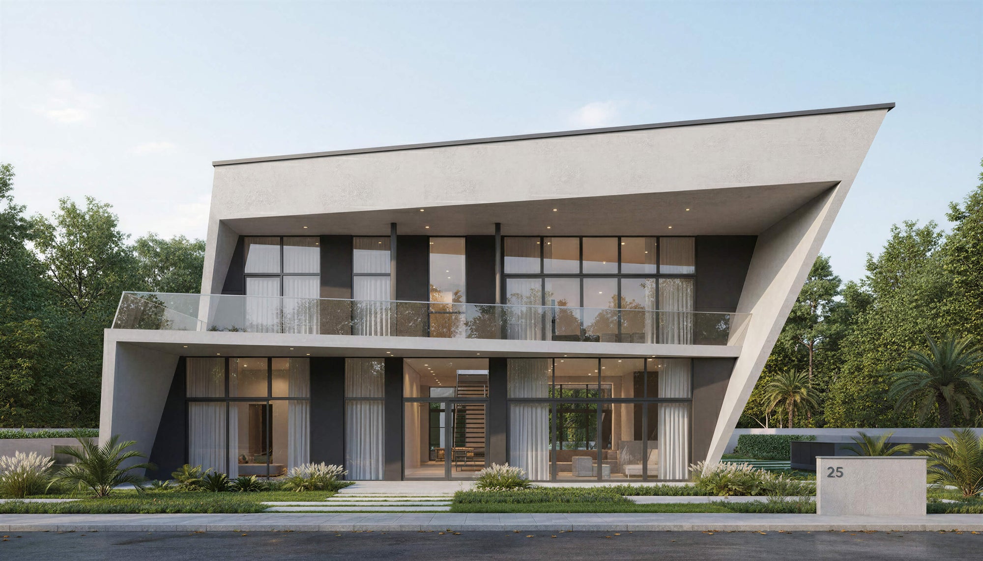 Modern house with a geometric design in a suburban setting