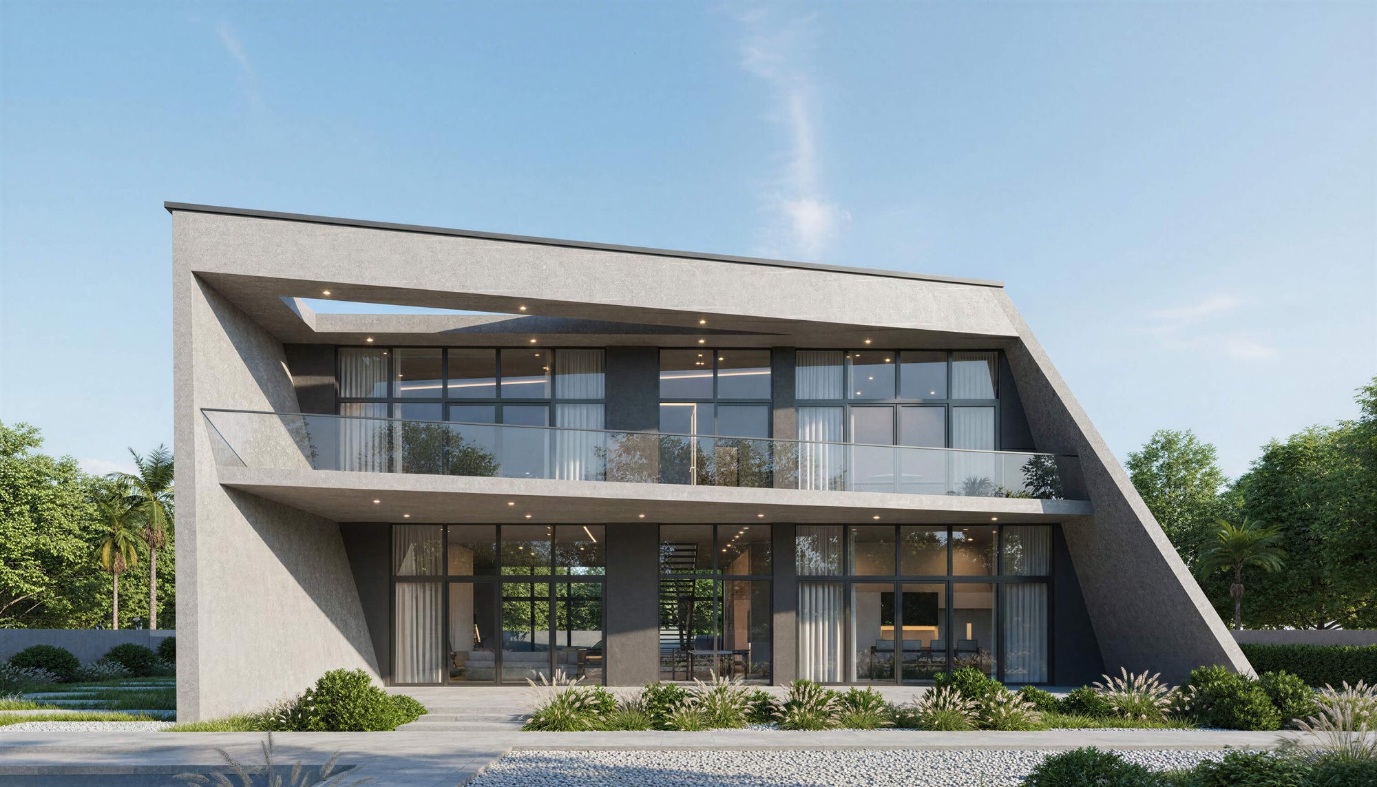 Modern house with large glass windows and a sloped roof design, surrounded by greenery.