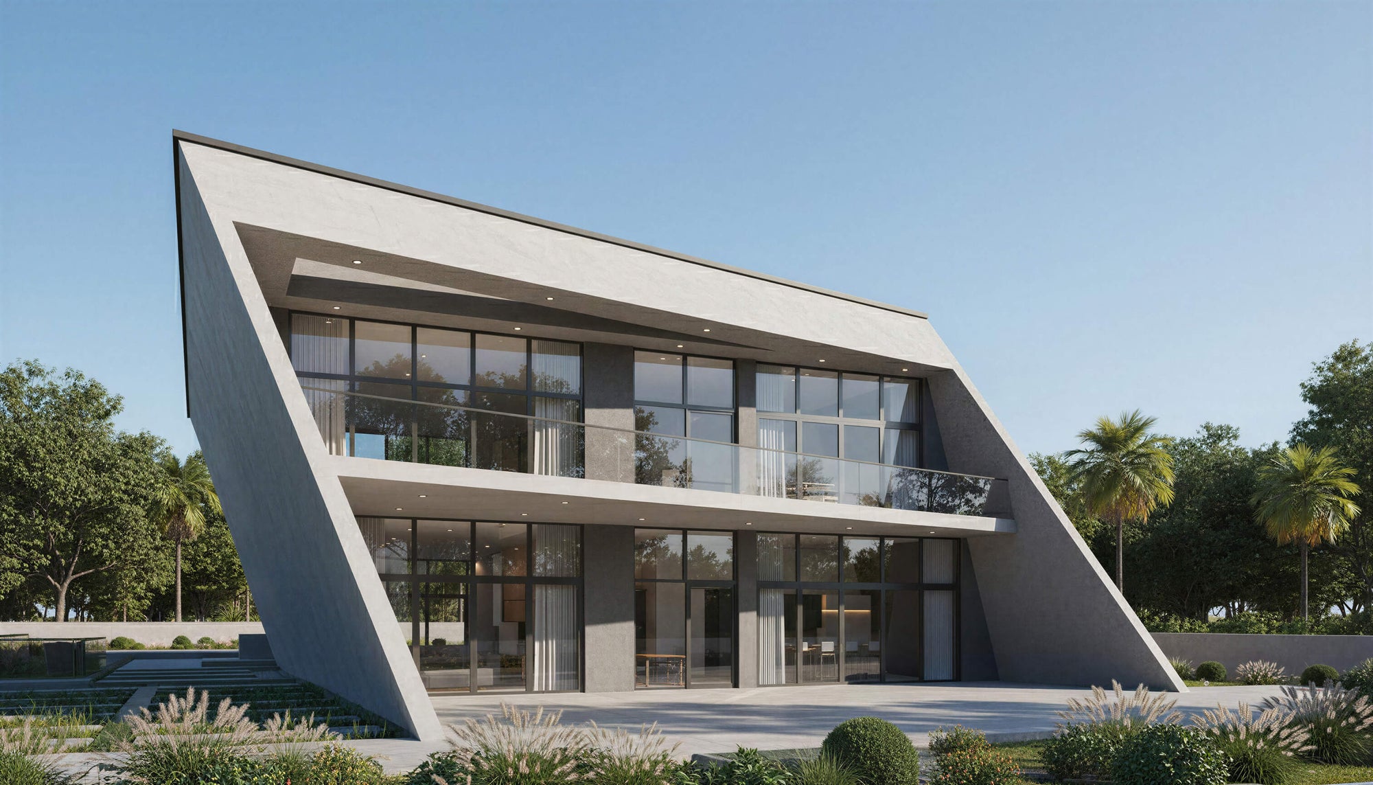 Modern architectural building with a unique design in a park-like setting