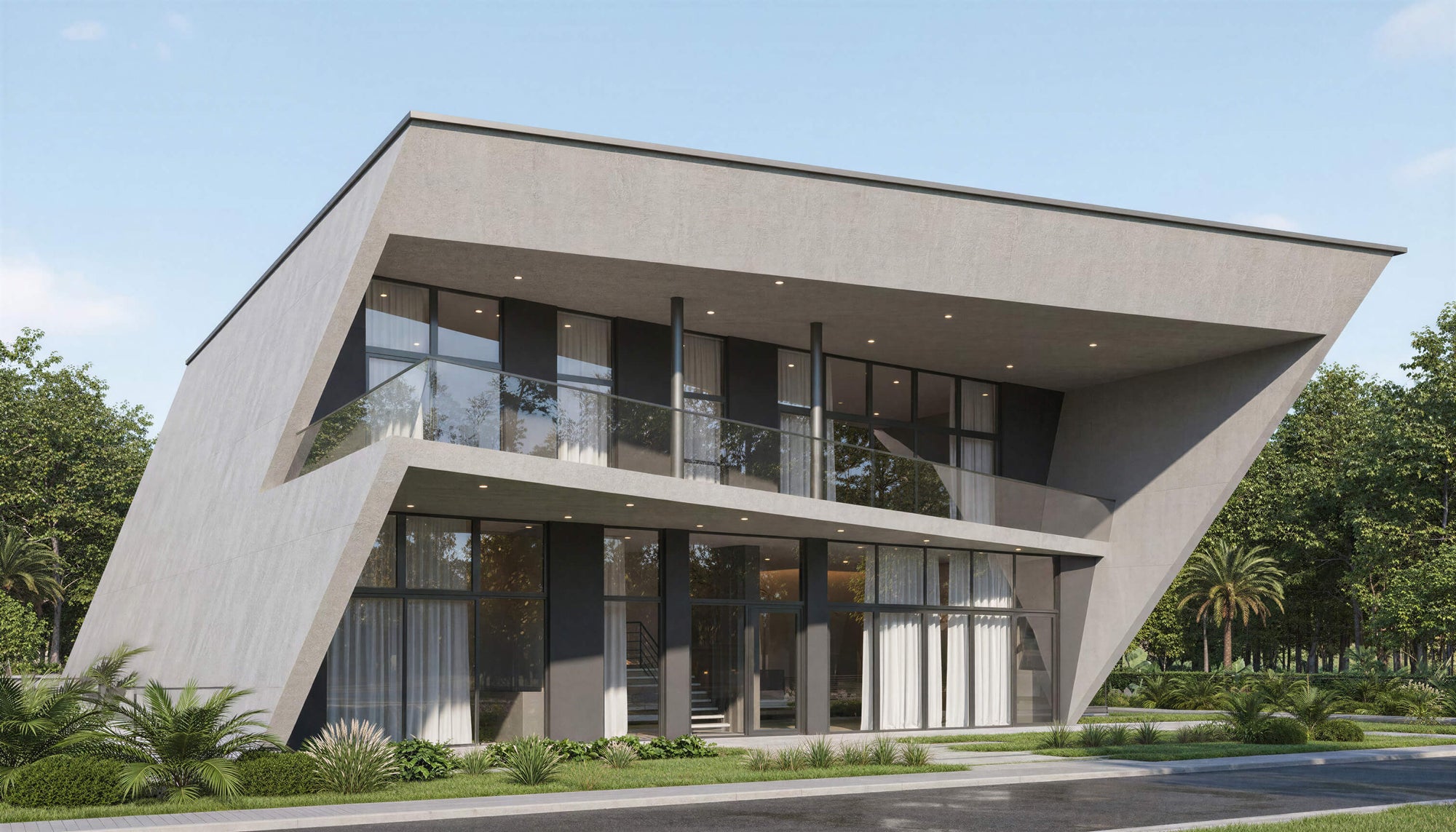 Modern architectural building with glass facade and geometric design