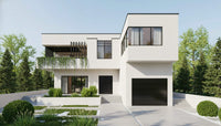 Modern white house with greenery in a suburban setting