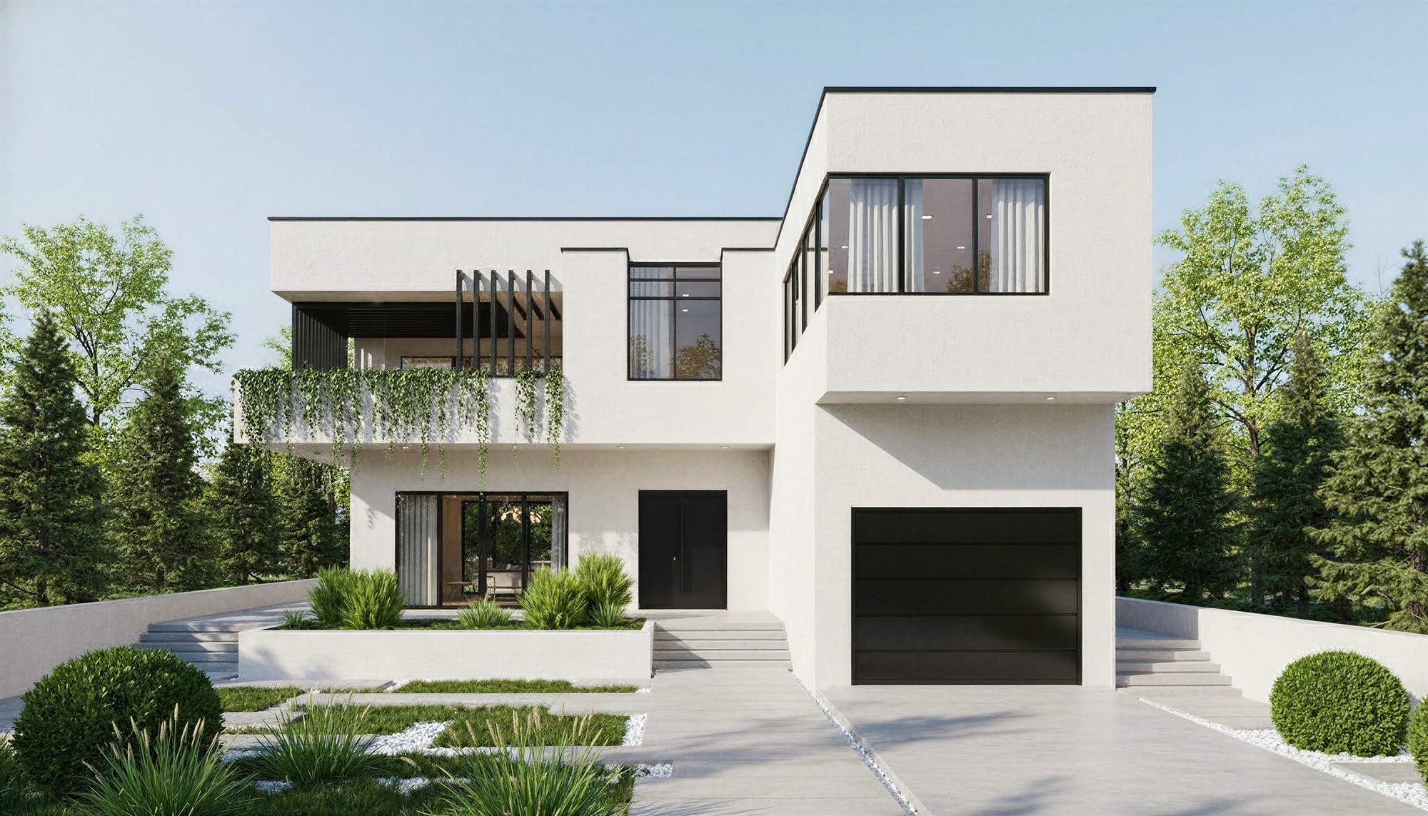 Modern white house with greenery in a suburban setting