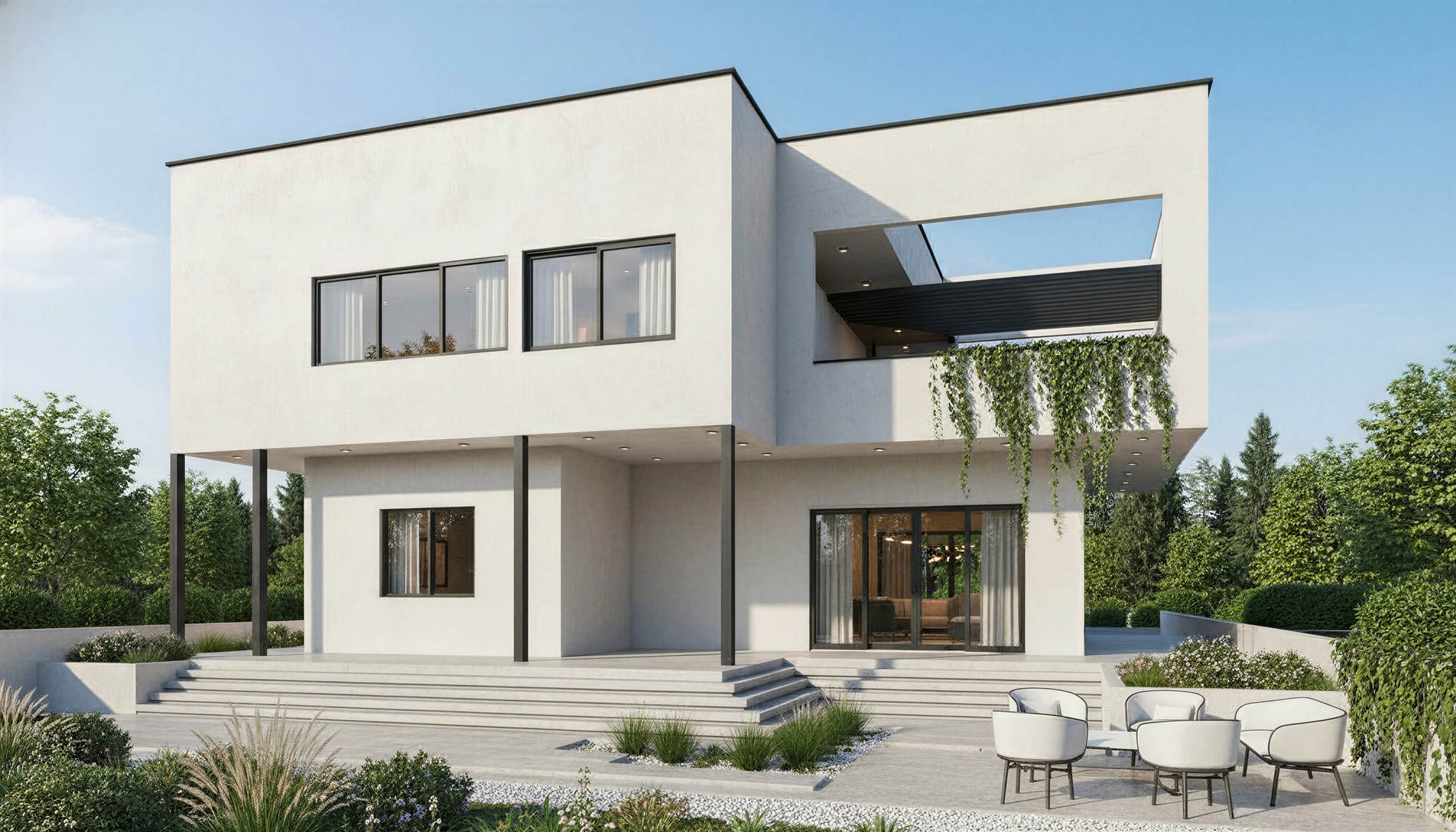 Modern white house with black accents in a green, leafy area