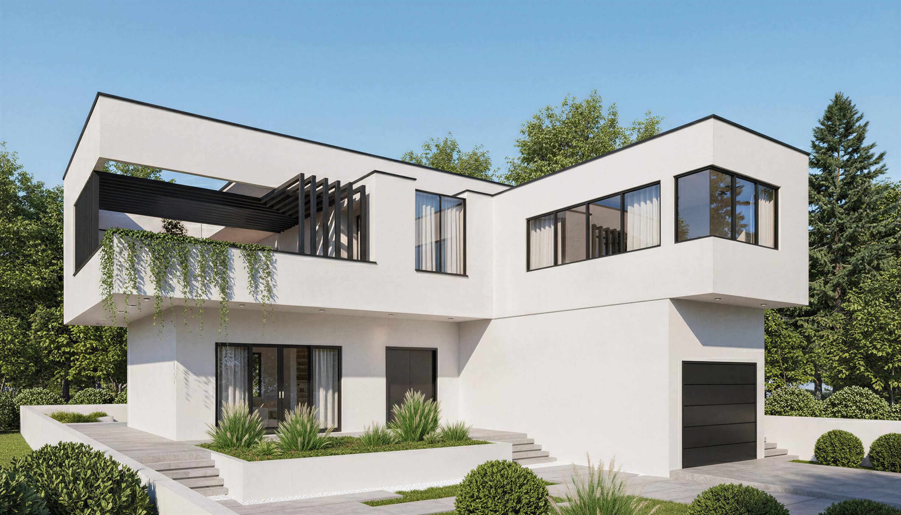 Modern white house with black accents in a green, tree-lined area