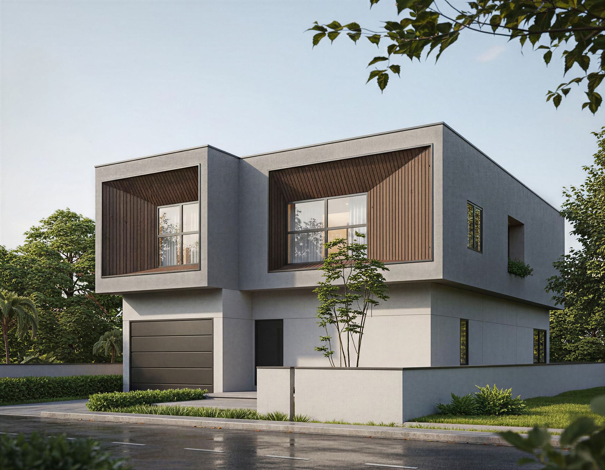 Modern house with a garage door in a residential area