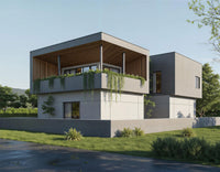 Modern house with greenery on the facade, surrounded by trees and a clear sky.