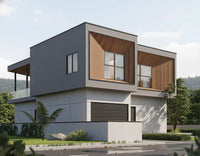 Modern house with gray and wooden exterior design, surrounded by greenery.