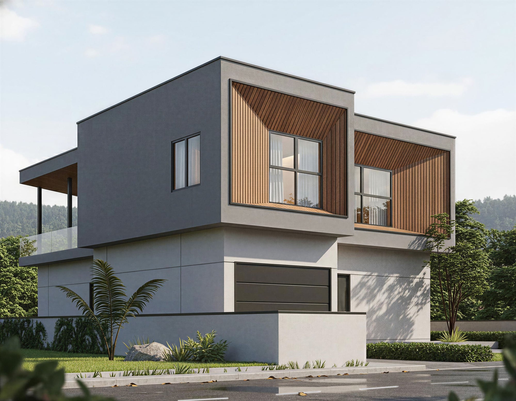 Modern house with gray and wooden exterior design, surrounded by greenery.