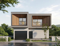 Modern house with wooden accents and a garage door, surrounded by greenery.