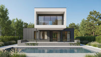 Modern house with a pool and trees in the background