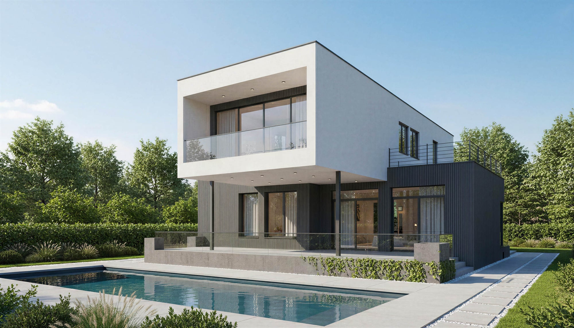 Modern house with a pool in a suburban setting