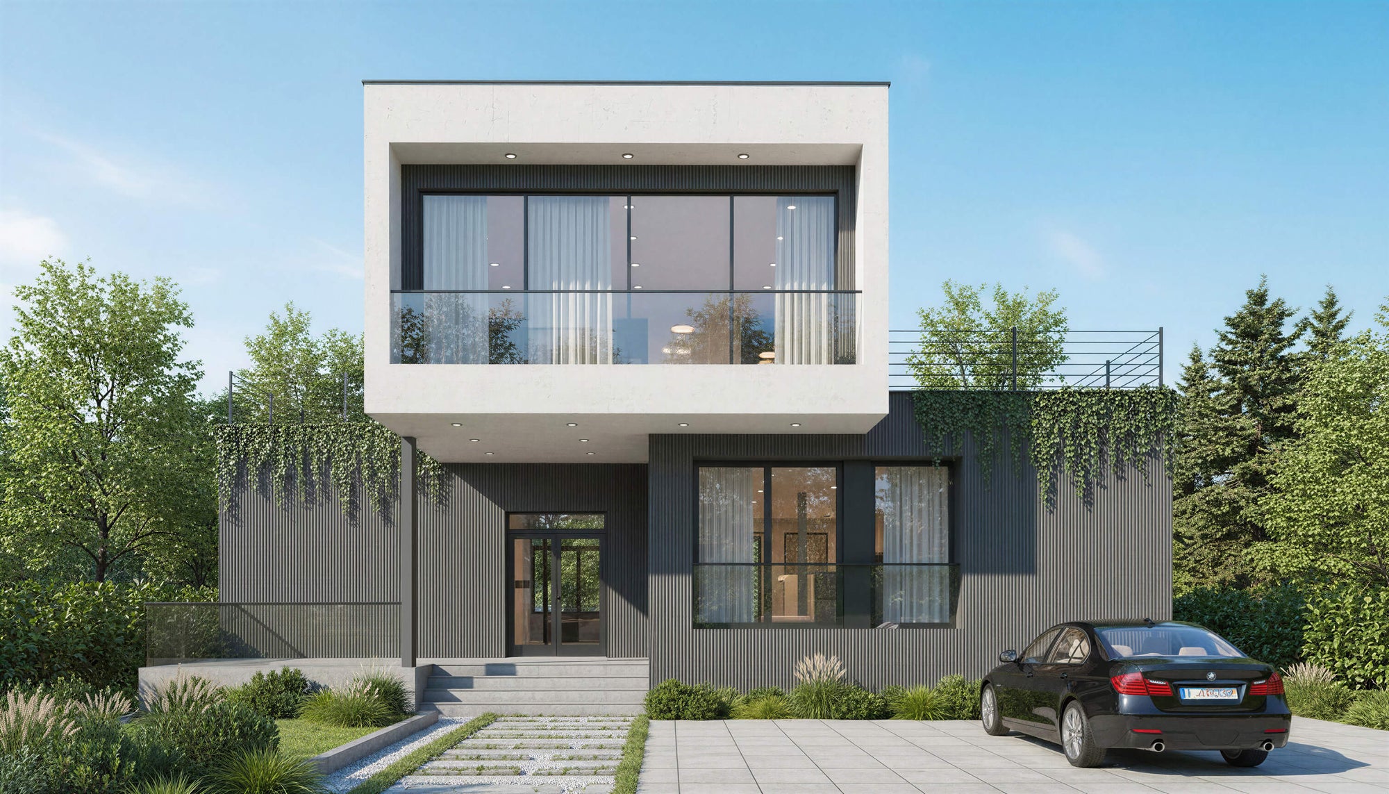 Modern house with a car parked in front on a clear day