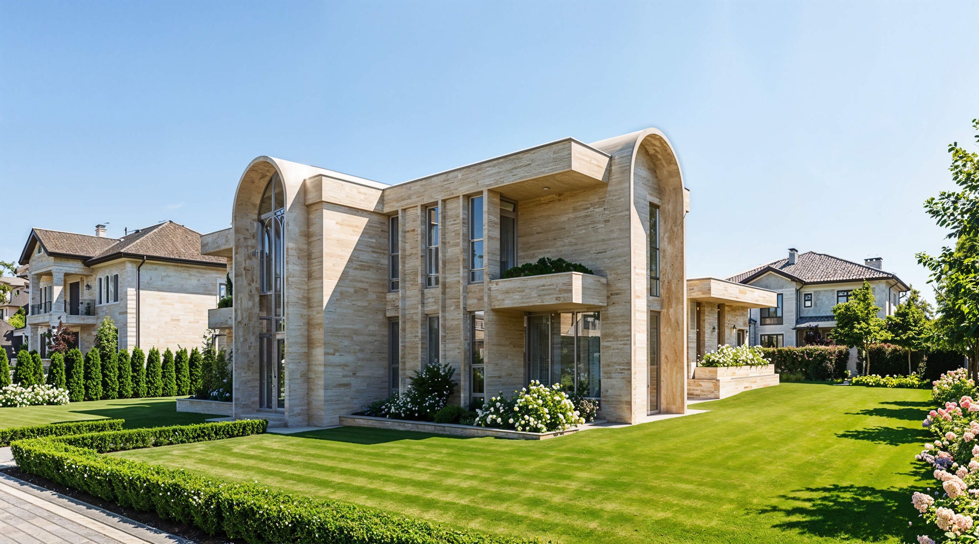 Modern house with a well-maintained lawn and clear blue sky