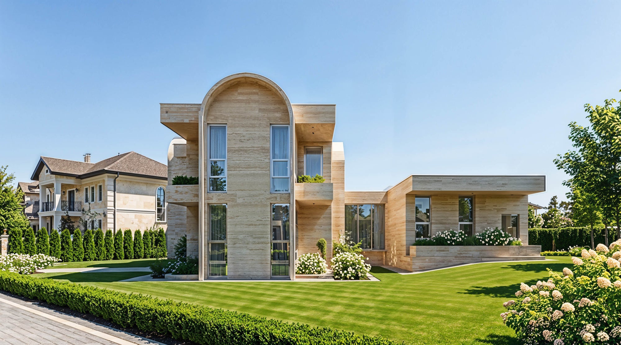 Exterior view of COCORA three-level contemporary house plan with cantilevered volumes by Arcus Dein