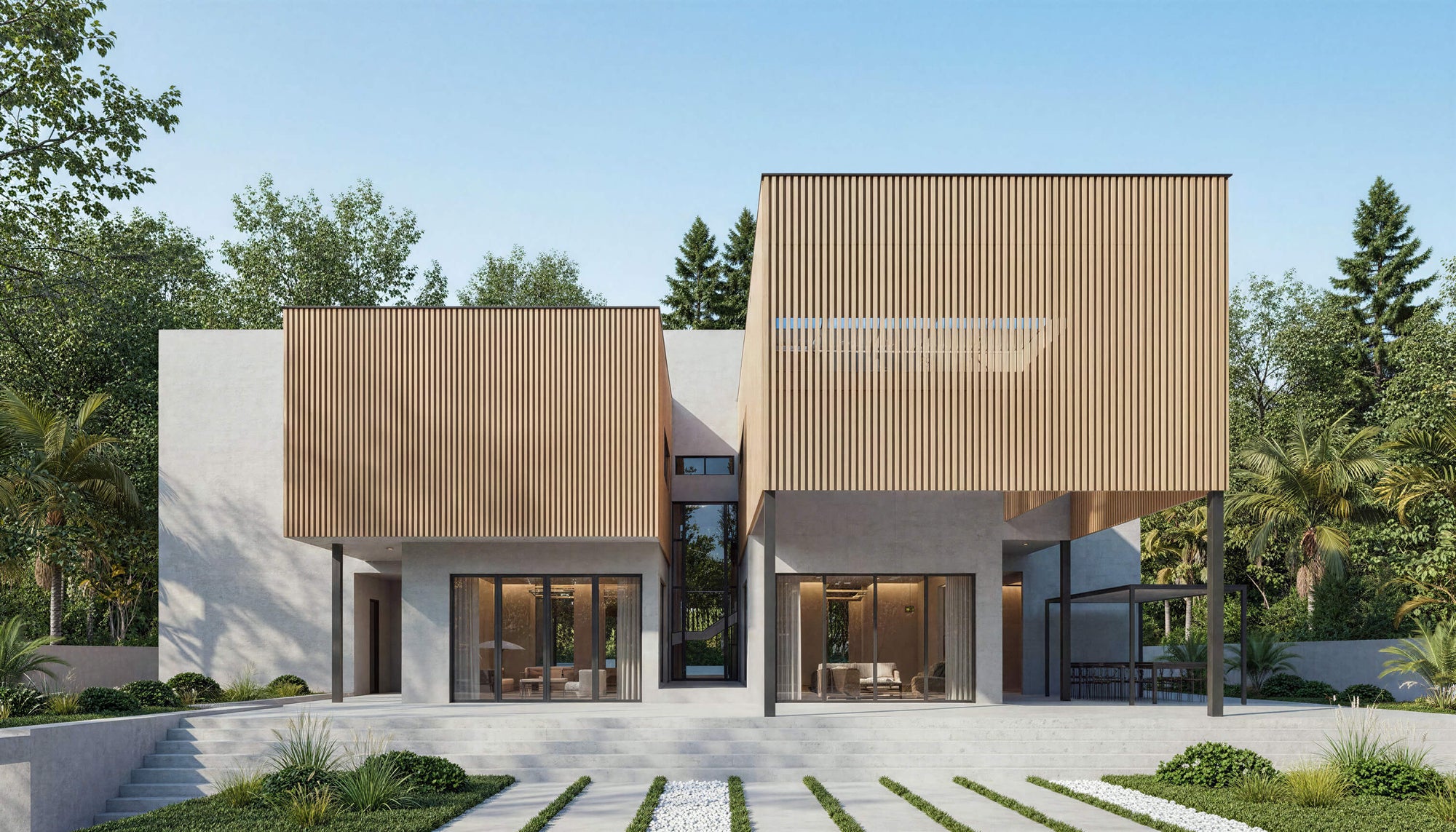 Modern house with wooden facade and glass doors, surrounded by greenery