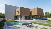 Modern house with a pool and garden under a clear blue sky