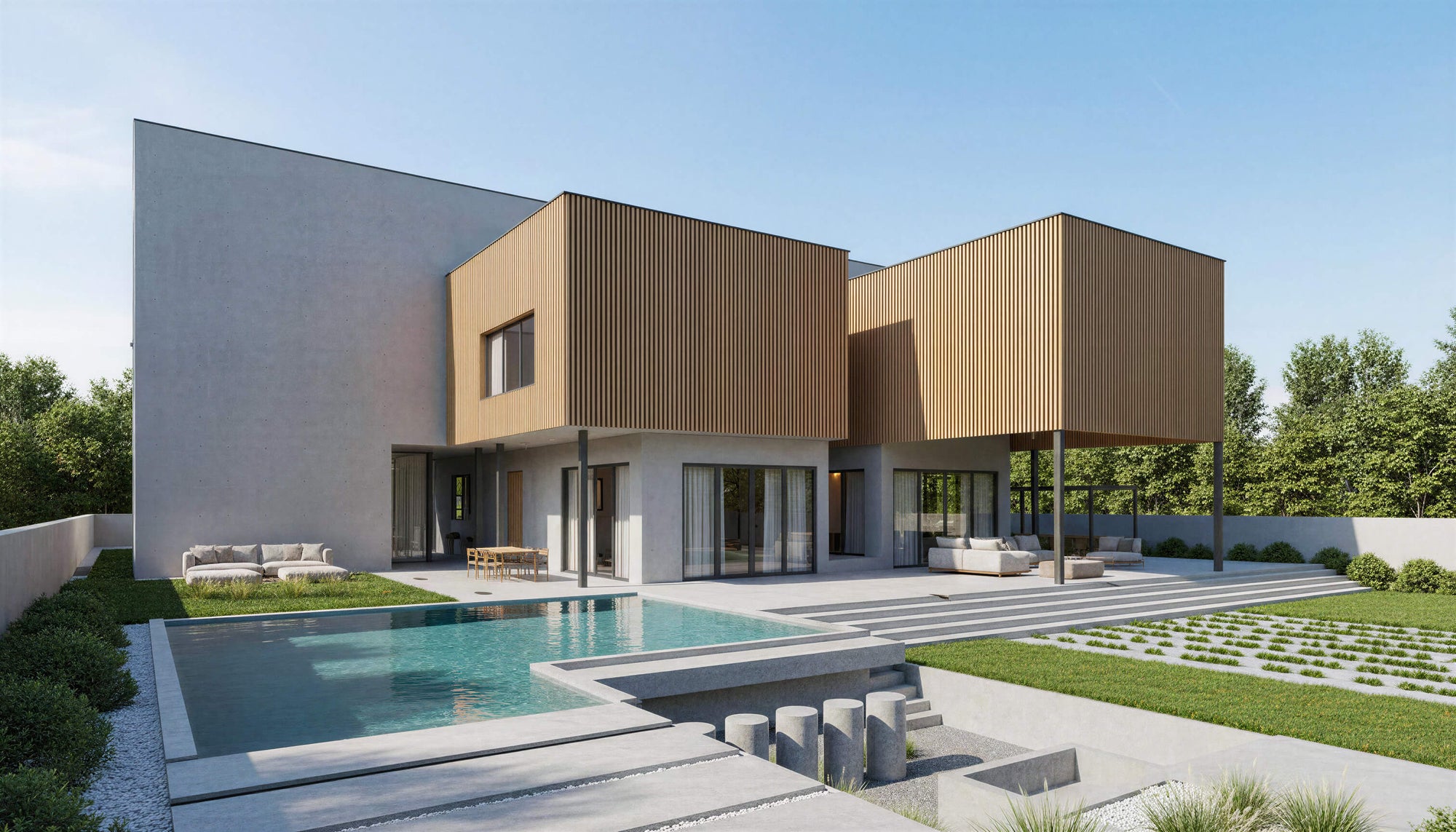 Modern house with a pool and garden under a clear blue sky