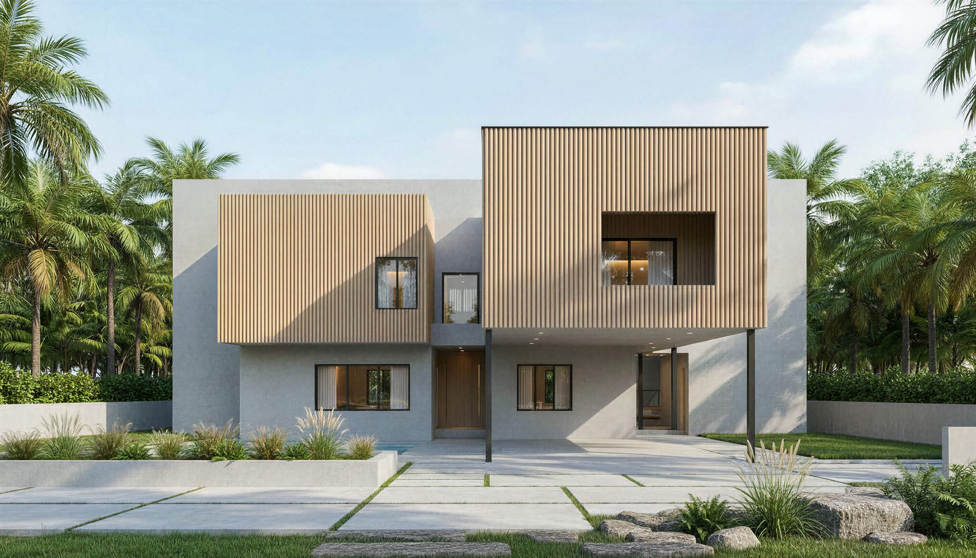 Exterior view of WAYU three-story contemporary house plan with vertical emphasis and offset volumes by Arcus Dein