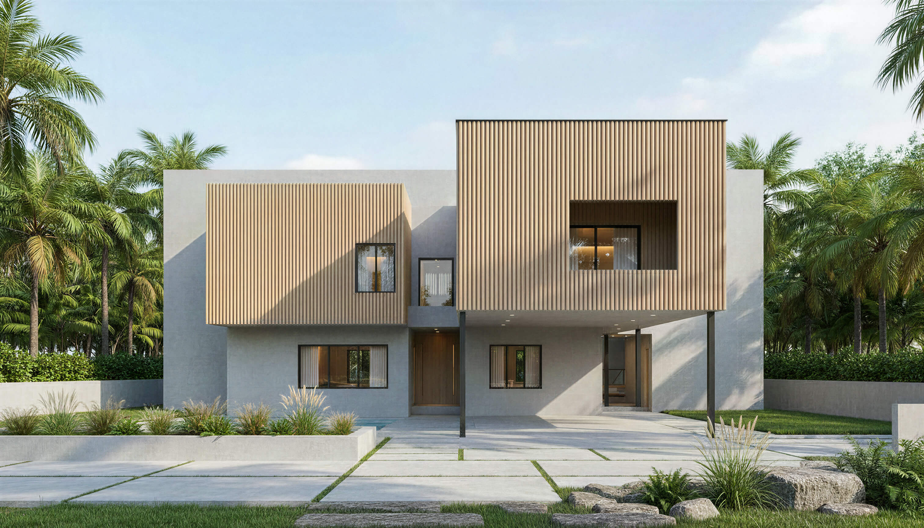 Exterior view of WAYU three-story contemporary house plan with vertical emphasis and offset volumes by Arcus Dein