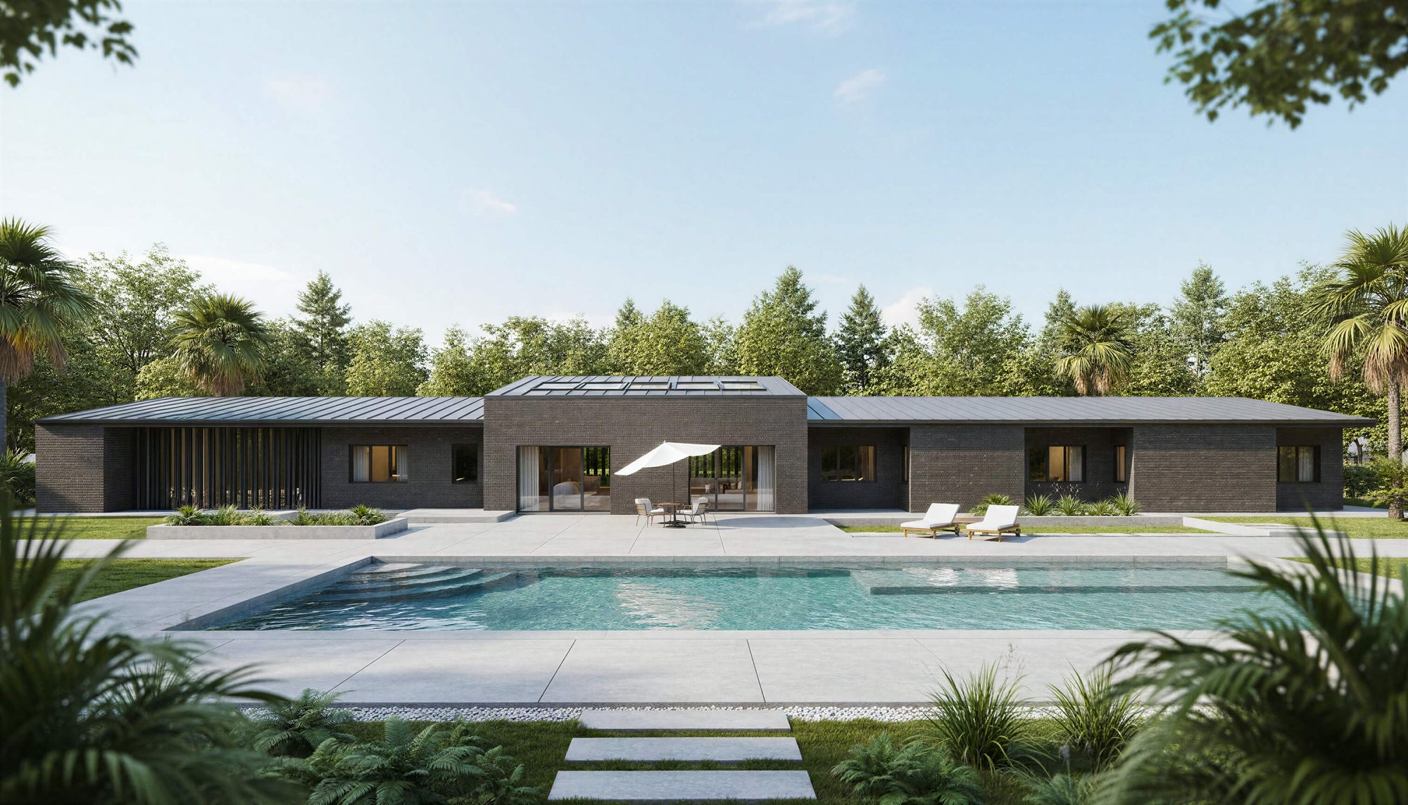 Modern house with a pool and garden in a scenic location