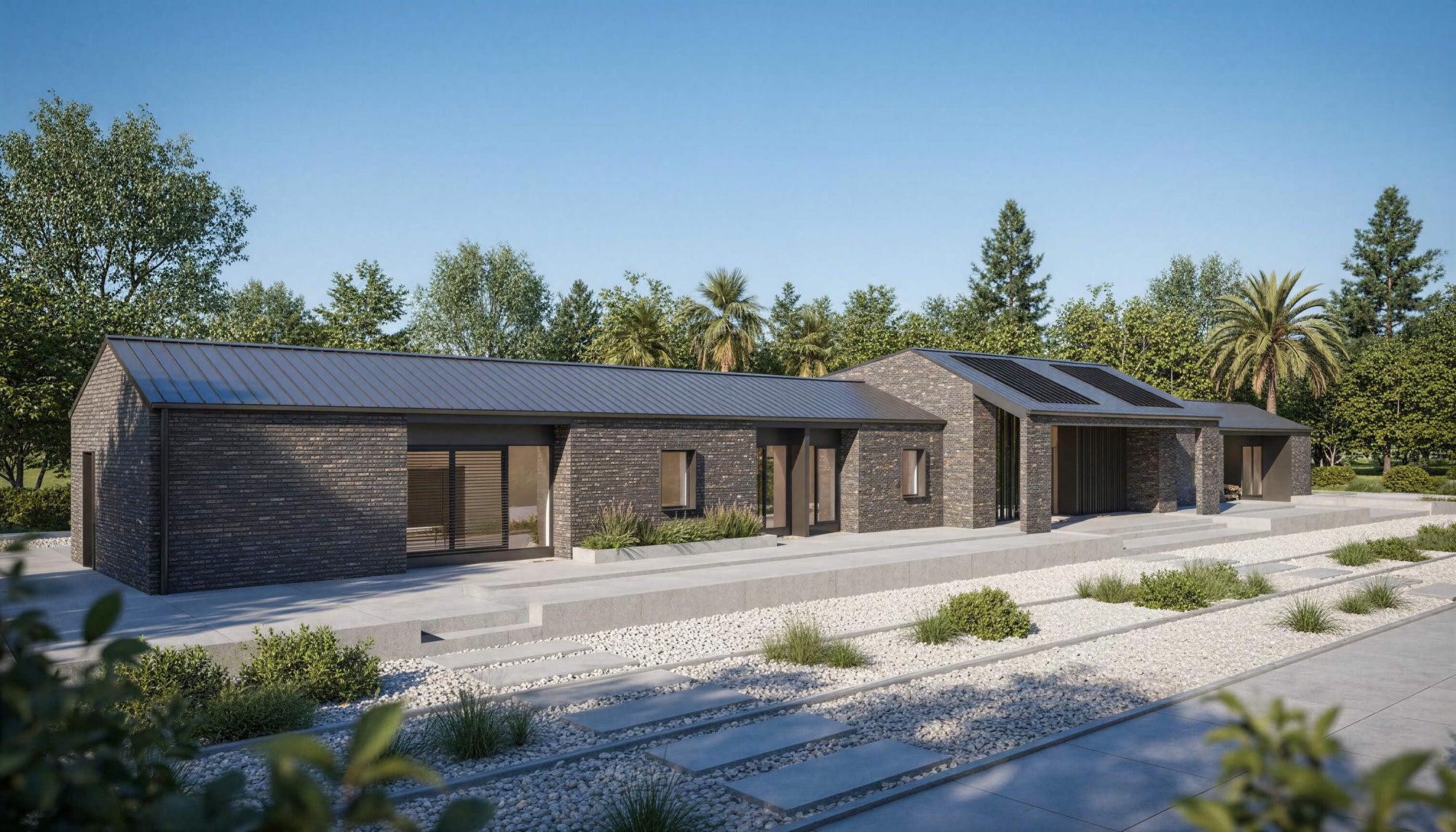 Exterior view of CUMBIA single-story contemporary house plan with horizontal emphasis and wood cladding by Arcus Dein