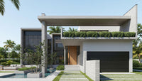 Modern house with greenery on the roof and a pool in the foreground