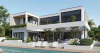 Modern house with a pool and outdoor furniture on a clear day