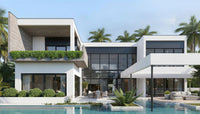 Modern house with pool and palm trees in the background