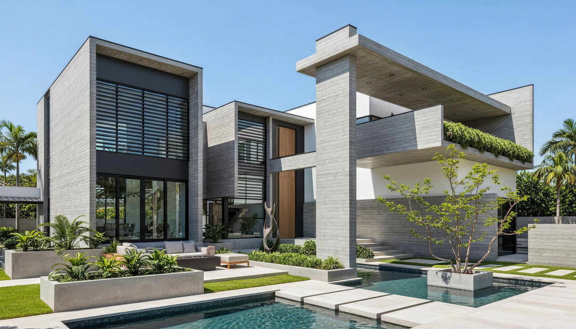 Modern house with a pool and garden under a clear blue sky