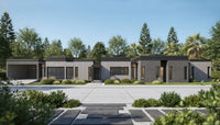 Exterior view of ARAZA single-story contemporary house plan with horizontal material layering by Arcus Dein