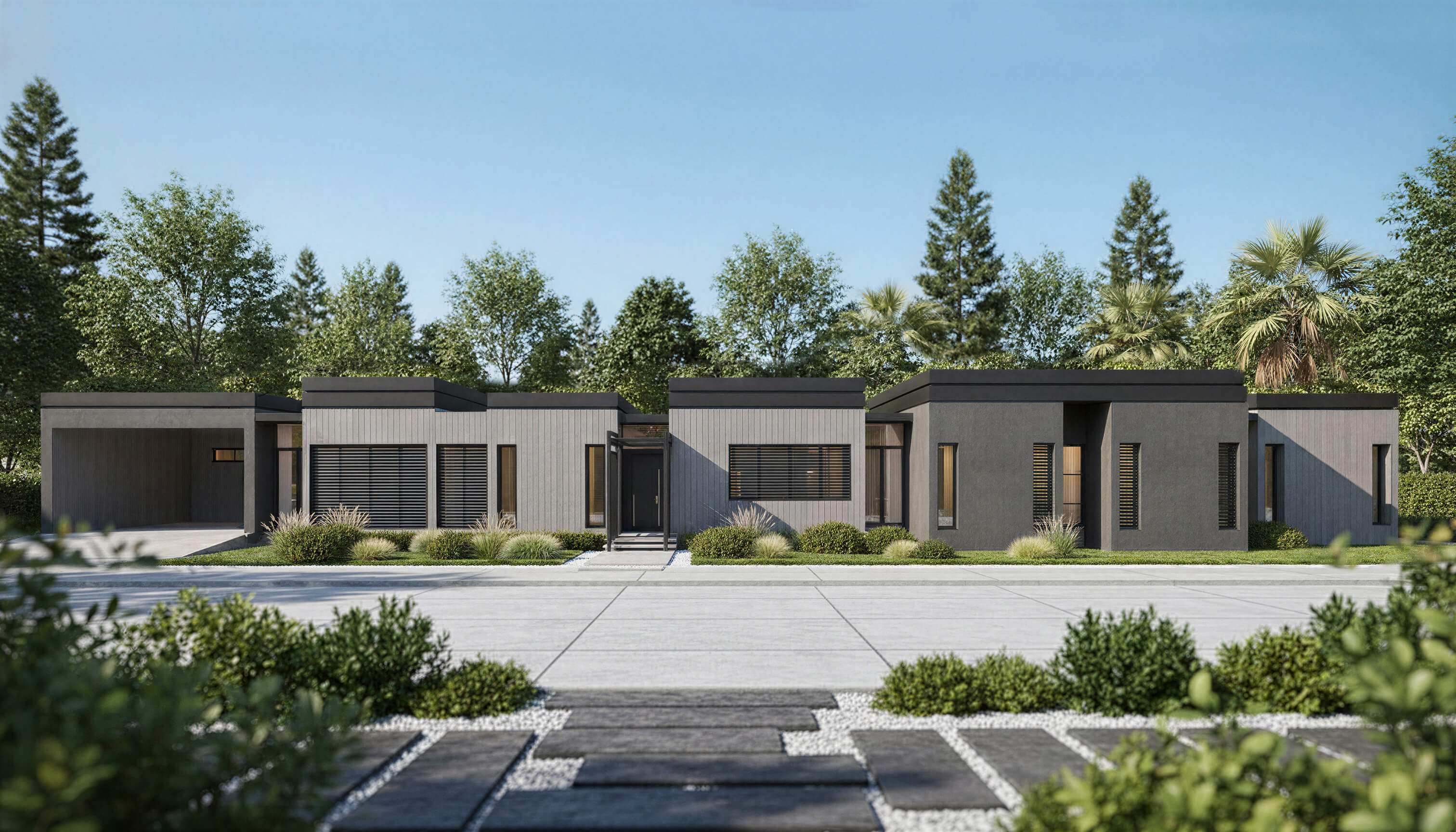 Exterior view of ARAZA single-story contemporary house plan with horizontal material layering by Arcus Dein