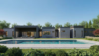 Modern house with a pool and greenery under a clear blue sky
