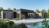 Modern house with a pool and garden under a clear blue sky