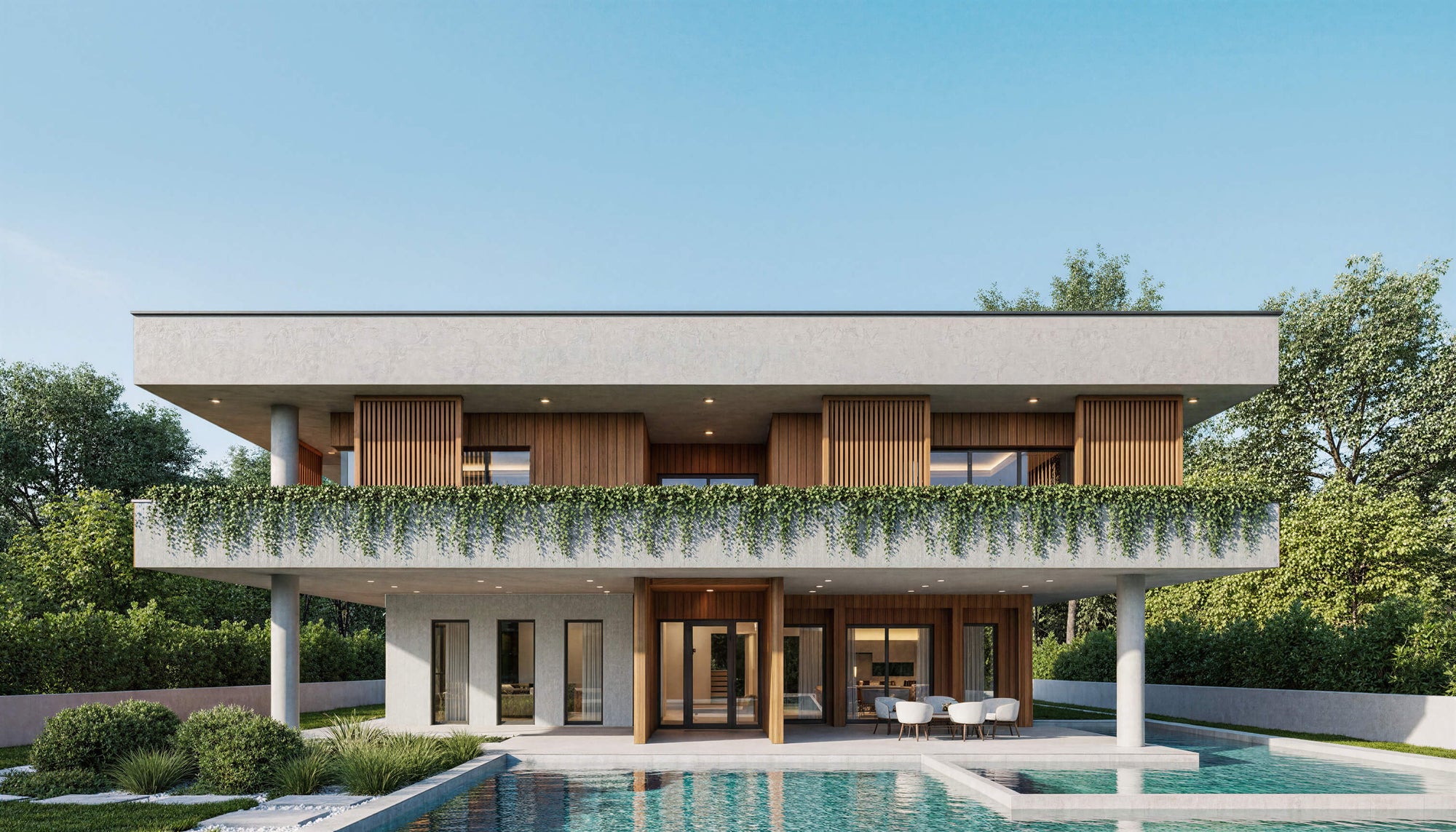 Exterior view of NAPA contemporary house plan with warm brick and dark metal cladding by Arcus Dein