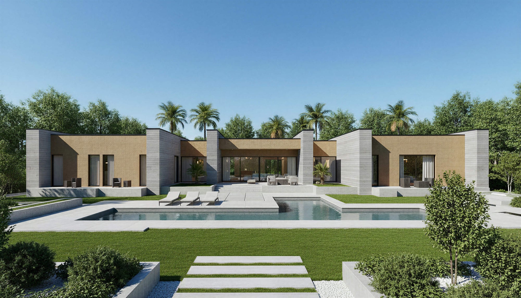 Modern house with a pool and garden in a tropical setting