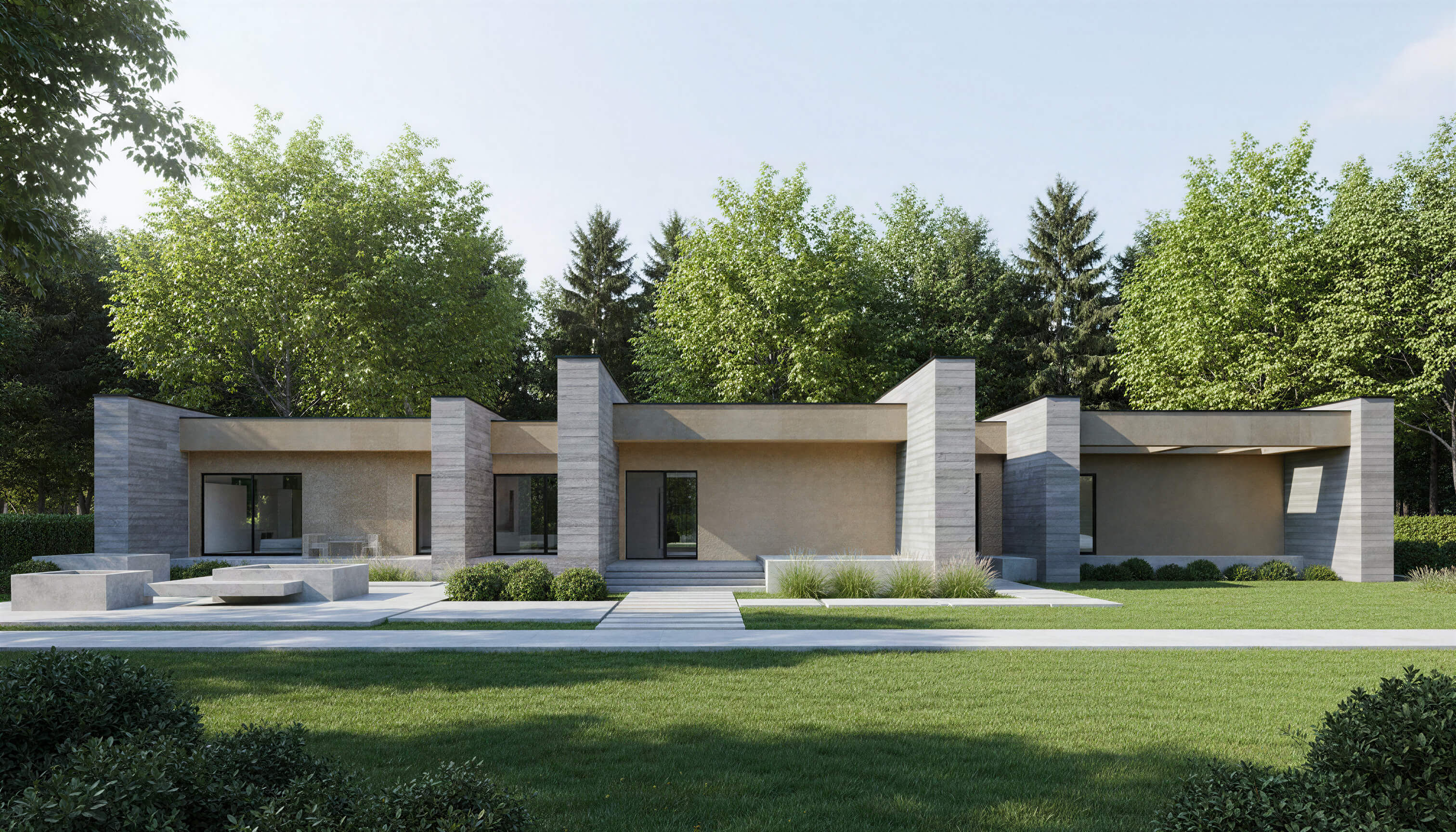 Exterior view of CURUBA single-story contemporary house plan with bold geometric massing by Arcus Dein