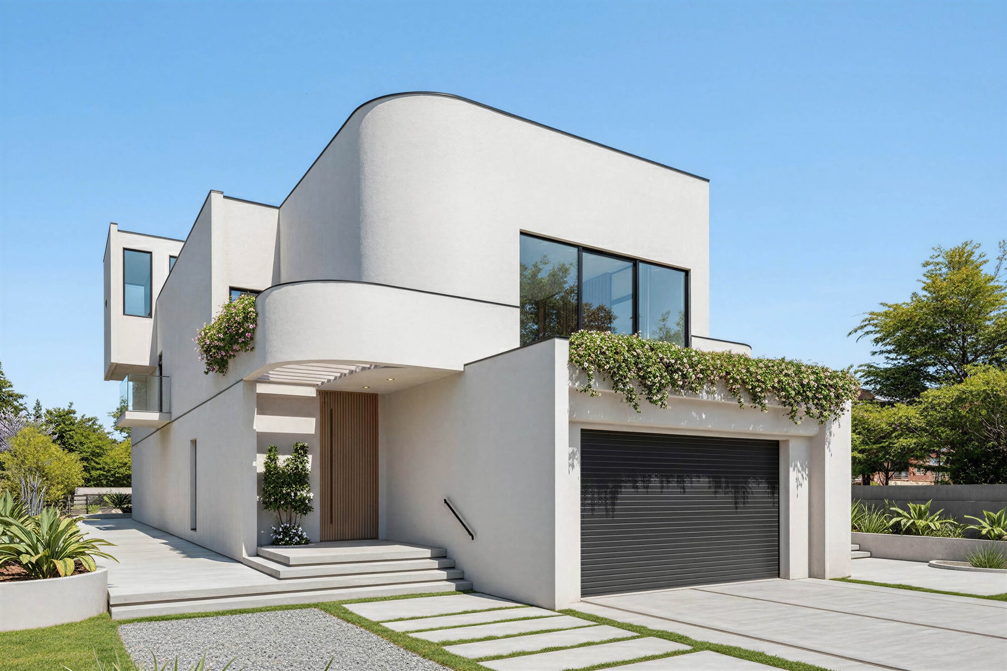 Exterior view of CASA CLARUS sculptural contemporary house plan with curved volumes and cylindrical forms by Arcus Dein