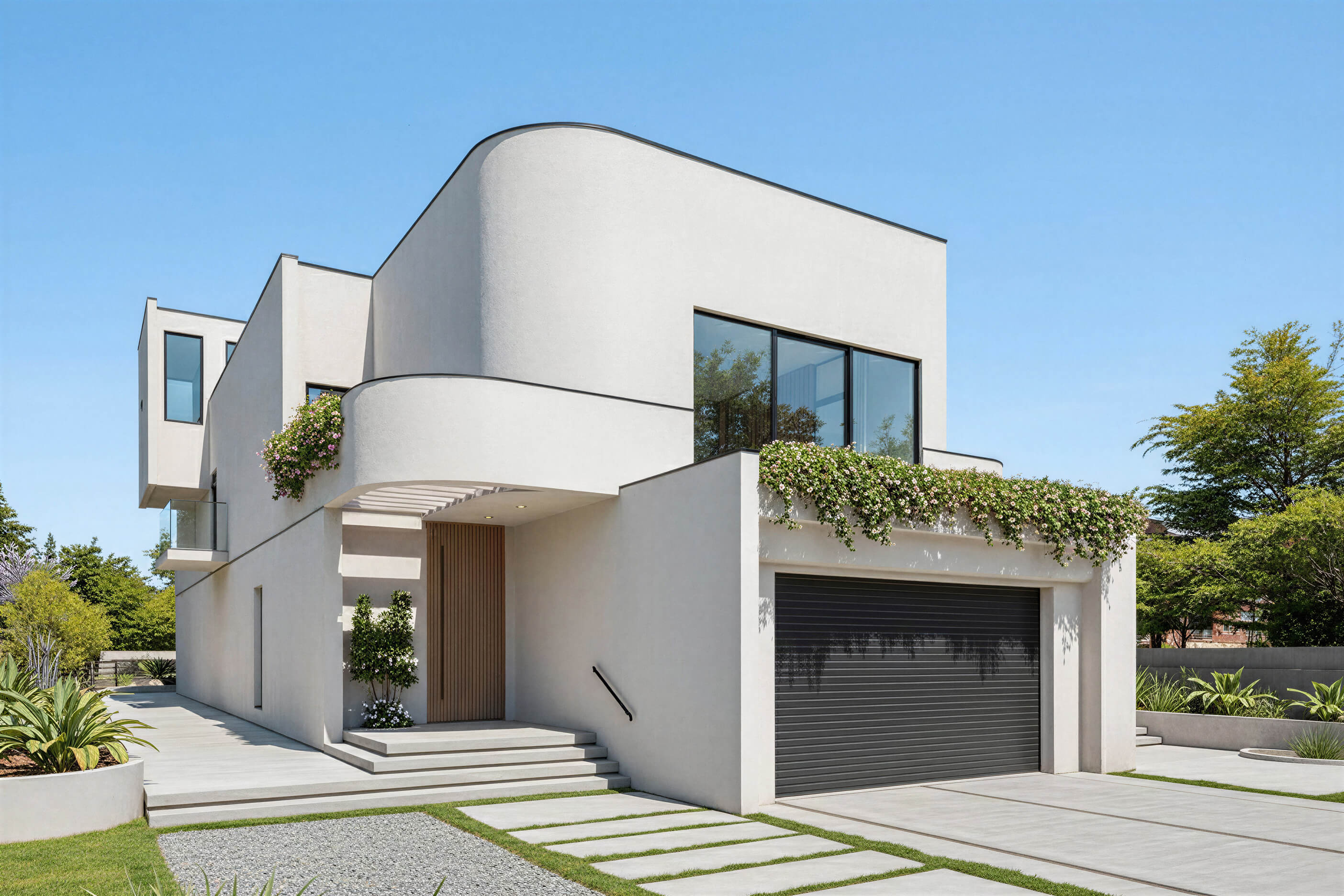 Exterior view of CASA CLARUS sculptural contemporary house plan with curved volumes and cylindrical forms by Arcus Dein