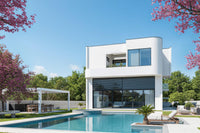 Modern white house with a pool and cherry blossom trees
