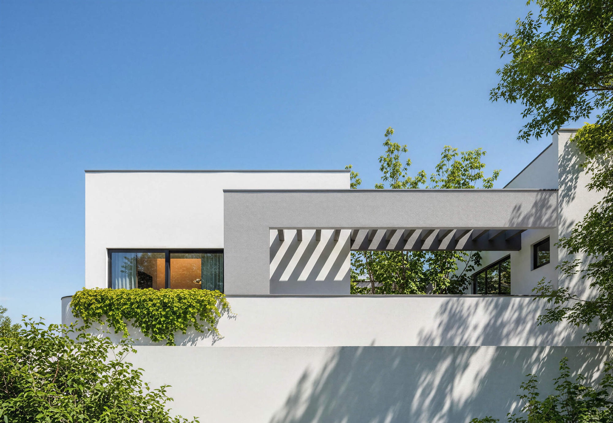 Modern white house with greenery under a clear blue sky