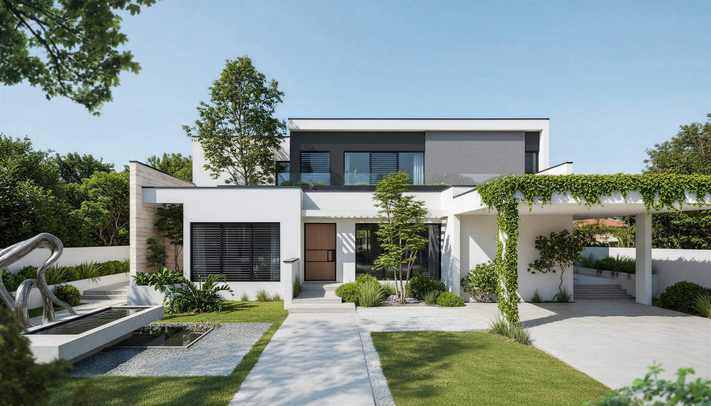 Modern house with a well-maintained garden and clear blue sky
