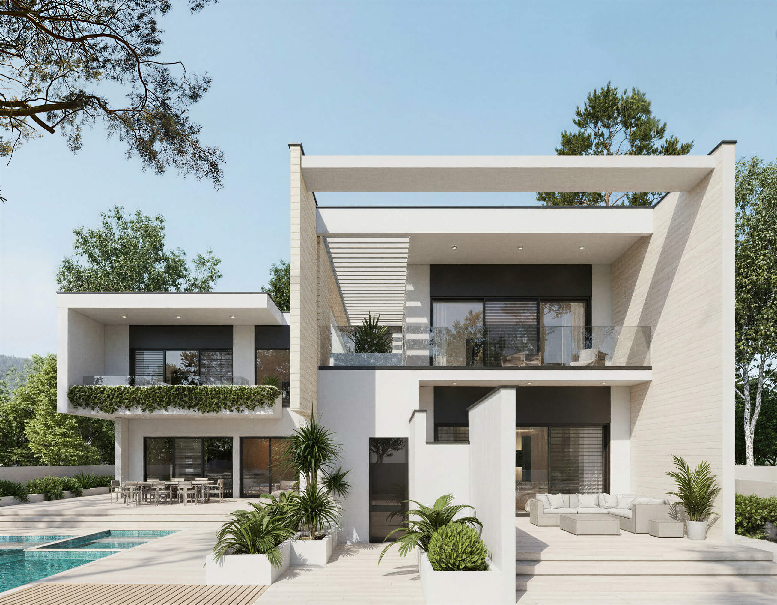 Modern house with a pool and garden under a clear blue sky