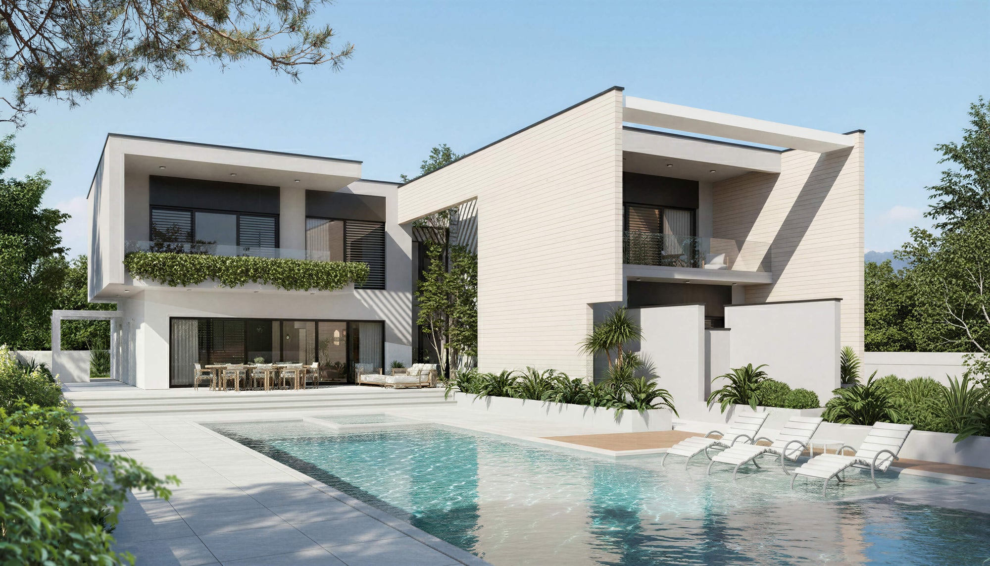 Modern house with a pool and garden area