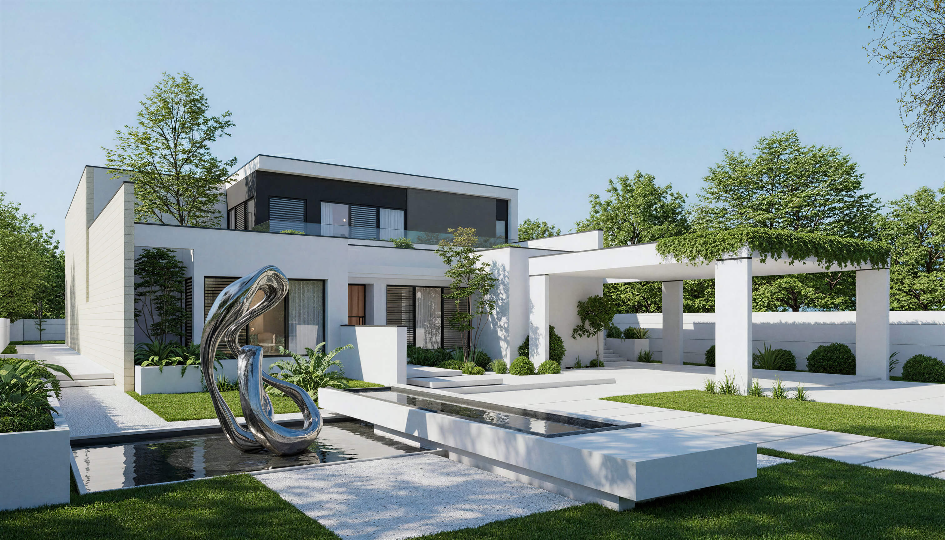 Modern house with a sculpture in front on a clear day