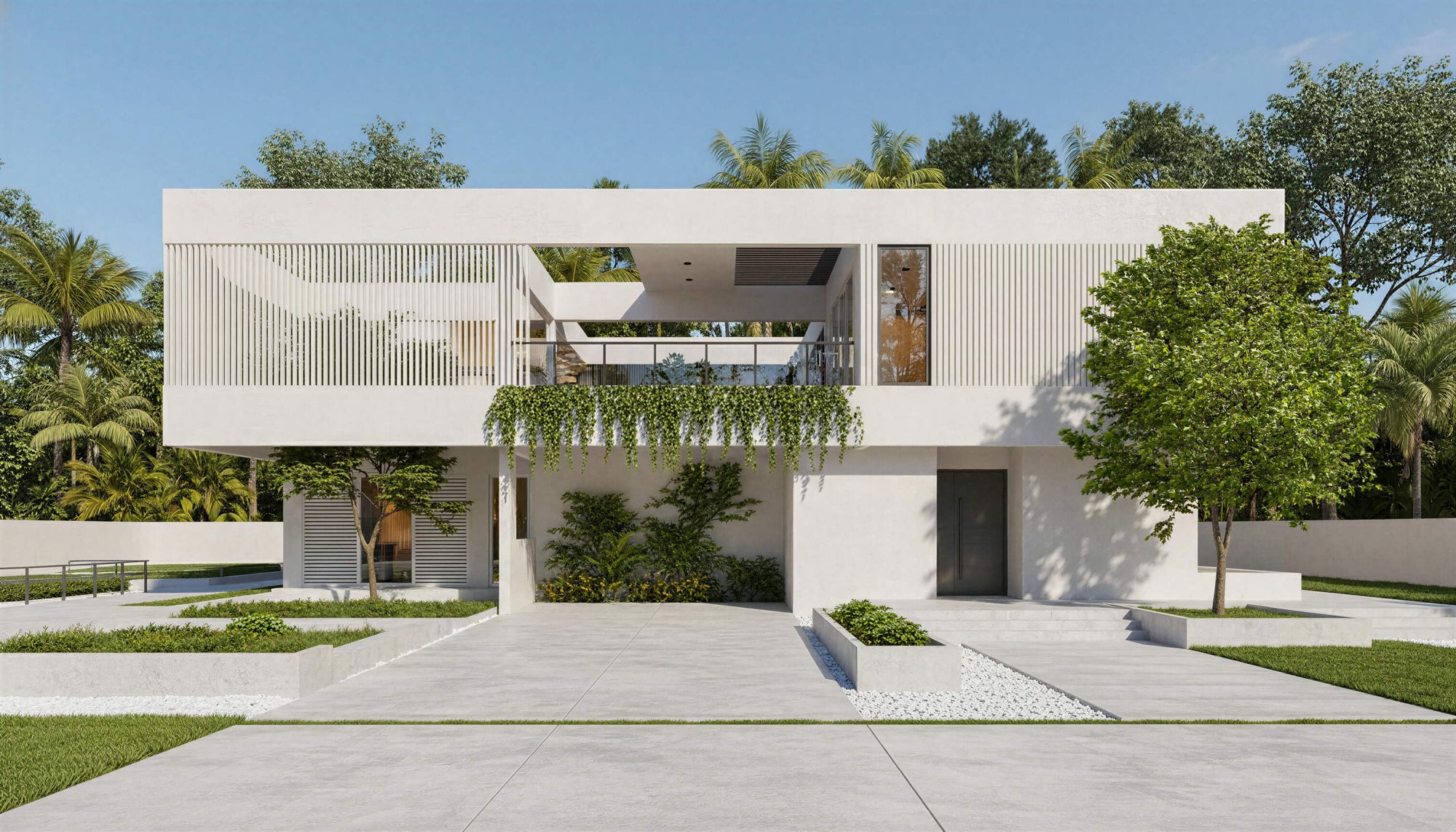 Modern white house with greenery in a suburban setting