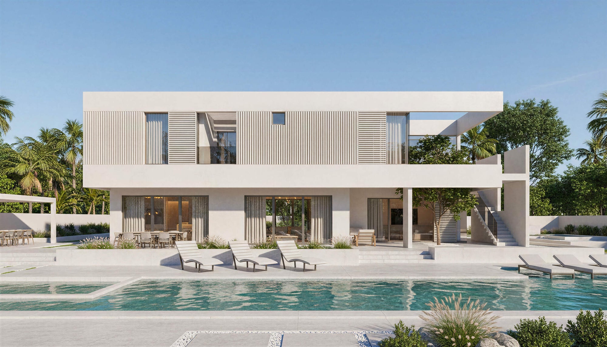 Modern house with a pool and palm trees in the background
