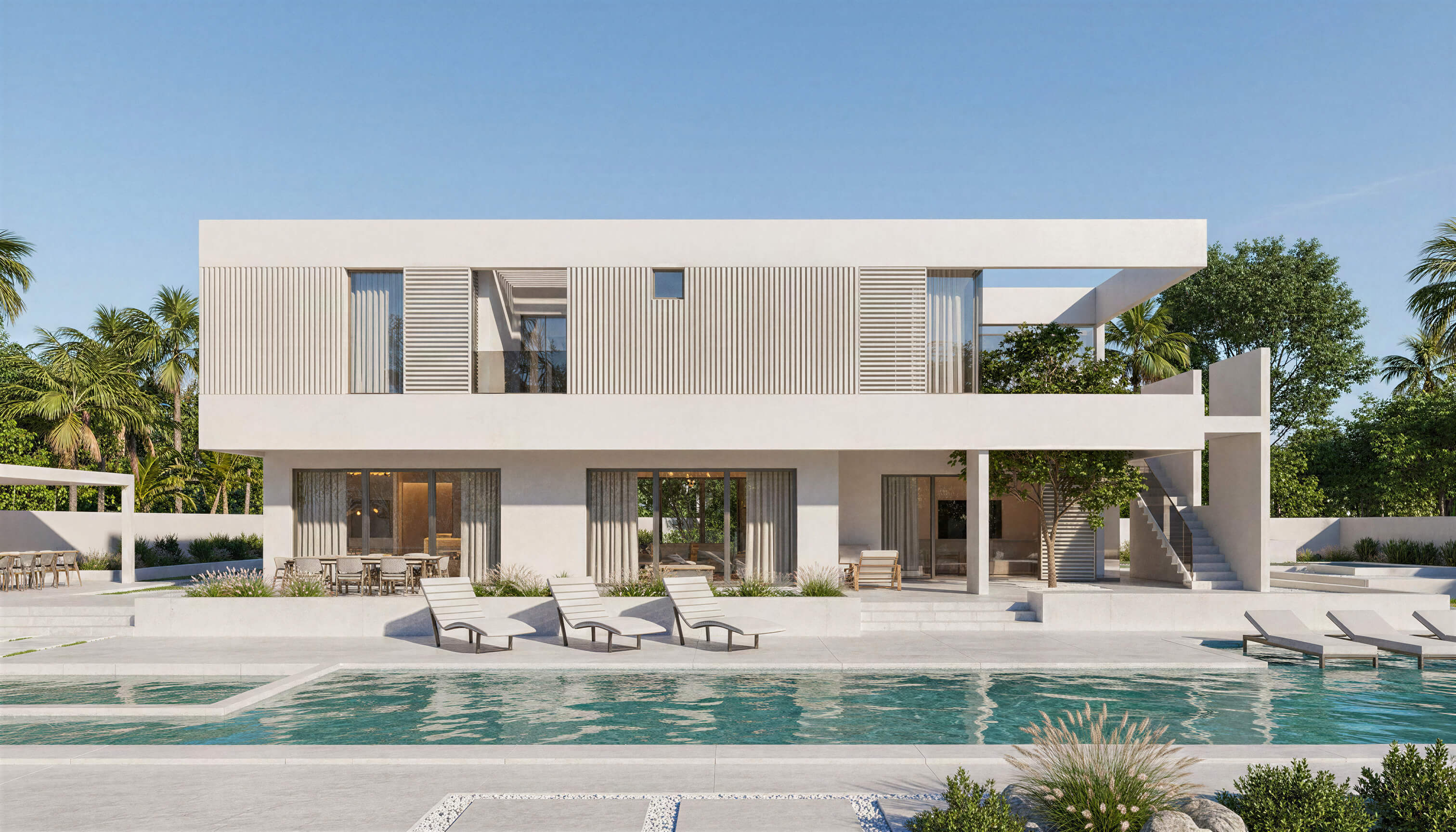 Modern house with a pool and palm trees in the background