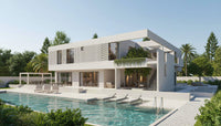 Exterior view of LUSH RADIANCE contemporary house plan with vertical garden walls and tropical modern design by Arcus Dein
