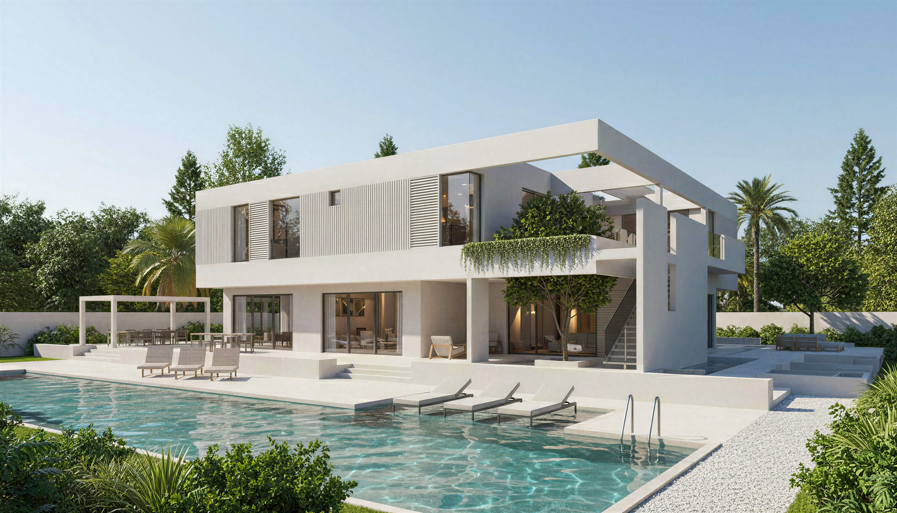 Exterior view of LUSH RADIANCE contemporary house plan with vertical garden walls and tropical modern design by Arcus Dein
