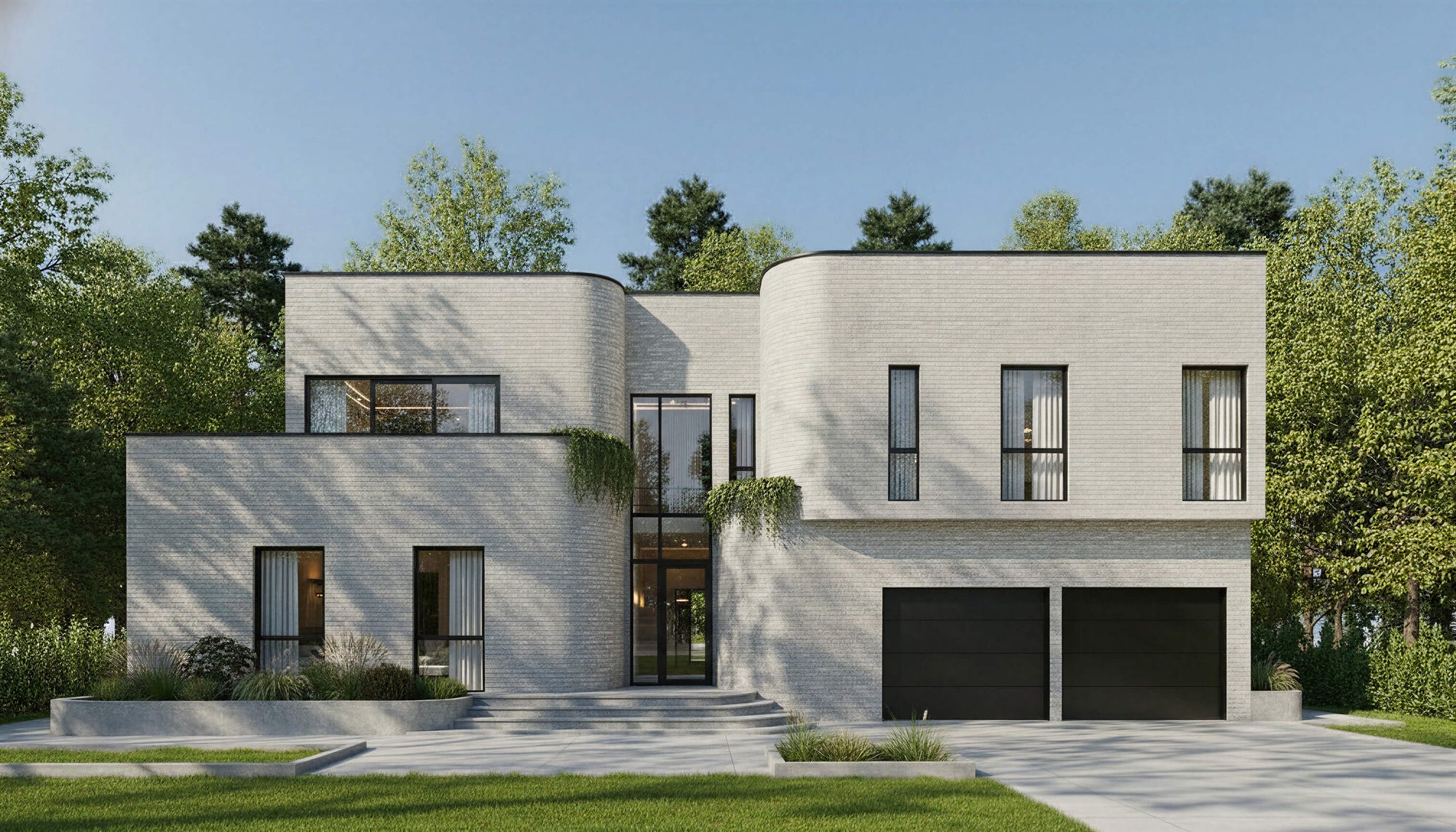 Modern house with white exterior and black accents surrounded by green trees